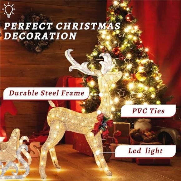 Christmas Lighted Reindeer and Sleigh Decor,Outdoor  Decor Set w/ 200 LED Lights - Picture 6 of 7